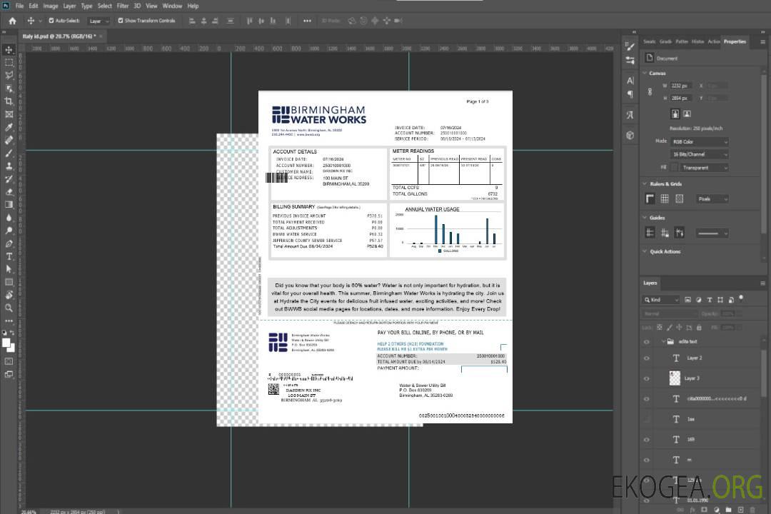 ROYAUME-UNI BIRMINGHAM WATER facture de services publics modèle Word et PDF 1 template